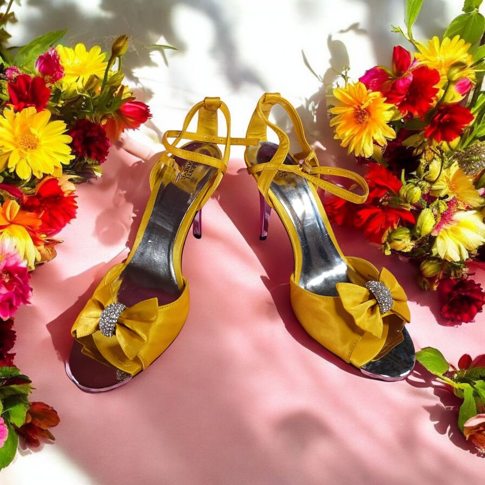 Elegant Yellow Satin Heels with Cross-Strap Design